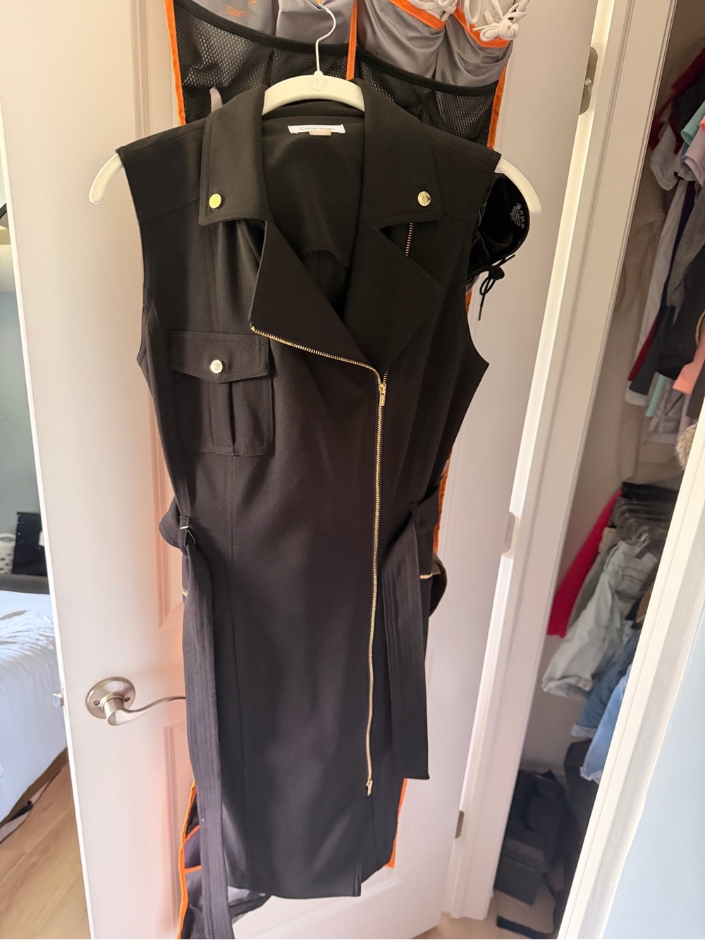 Calvin Klein Black Sleeveless Moto-Style Midi Dress with Gold Zip